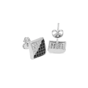 Hip Hop Square Stud Earrings For Men Women Copper Zirconia Diagonal Black White Geometric Fashion Unisex Jewelry Accessories Gift