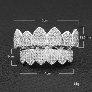 Hip hop silver plated copper grillz set with shiny cubic zirconia stones for teeth