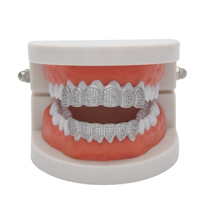 Hip hop silver grillz set with micro paved cubic zirconia on a dental display