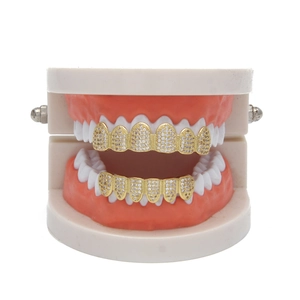 Hip hop gold plated grillz set with micro paved zircon stones on dental model