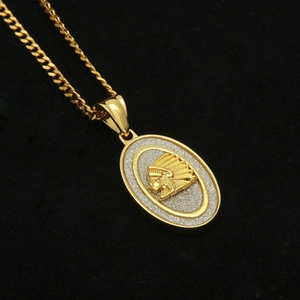 Hip hop oval Indian chief pendant necklace with gold Cuban chain and glitter background