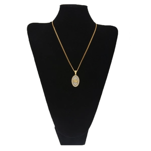 Hip hop style gold oval Freemason pendant necklace on a black velvet mannequin display
