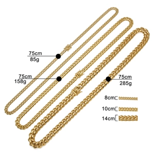 Mens gold stainless steel Cuban link chains in 8mm 10mm and 14mm widths 75cm long