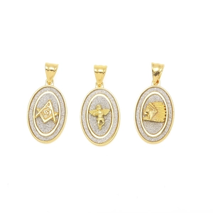 Three hip hop oval gold pendants featuring Masonic G, Angel, and Indian Chief motifs