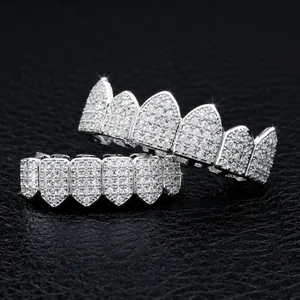 Hip Hop Copper Rhinestone Dental Grillz For Men Iced Out Gold Silver Plated Teeth Jewelry Hollow Geometric Grillz Teeth Grills