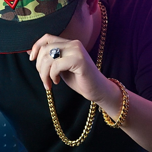 Hip hop jewelry set with gold Cuban chain necklace, bracelet and silver portrait ring