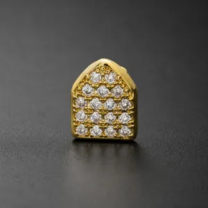 Hip Hop Enkele Tand Grillz Schildvorm Pavé Zirkoon Koper Goud Zilver Verguld Zahnschmuck Mode Lichaamssieraden Accessoires Voor Mannen Vrouwen
