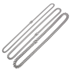 Mens hip hop stainless steel Cuban link chain set in three different widths with silver finish