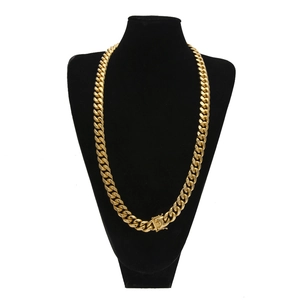 Mens gold cuban link necklace in stainless steel on black neck display model