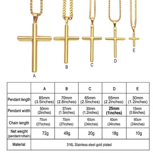 Tableau des tailles pour pendentifs croix en acier inoxydable plaqué or en cinq tailles