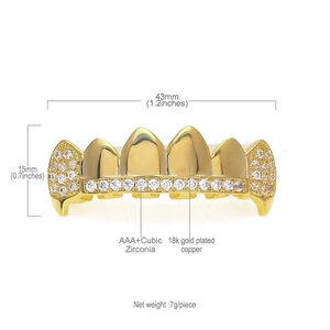 Detail showing 43mm 18K gold plated hip hop grillz with AAA cubic zirconia stones