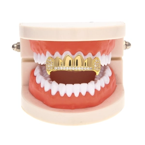 Front view of hip-hop gold plated six-tooth top grillz with sparkling AAA zircon stones