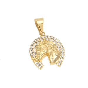 Macro shot of gold-plated horse head horseshoe pendant with sparkling clear rhinestones