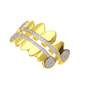 Detail of hip hop gold grillz with wave shape and micro-paved AAA cubic zirconia stones