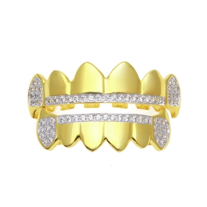 Detail of gold plated hip hop grillz set featuring AAA cubic zirconia micro pave setting