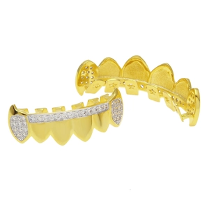 Macro detail of gold plated hip hop grillz set with AAA cubic zirconia stones