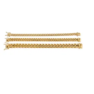Size chart for golden stainless steel Cuban chain bracelets in 8mm, 10mm and 14mm widths