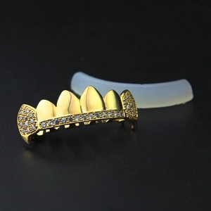 Men's hip hop gold plated grillz with micro-pave AAA zircon and silicone fixing bar