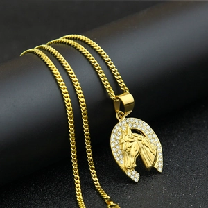 Hiphop men's gold plated stainless steel horse head pendant with iced out rhinestones