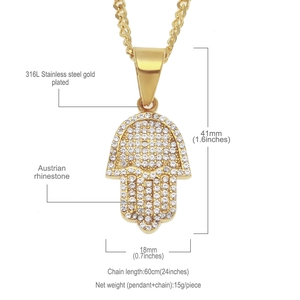 Luxury gold Hamsa hand necklace with crystals on cuban chain, 316L stainless steel jewelry