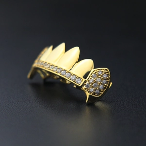Hip hop gold plated fang grillz for men with micro-paved AAA cubic zirconia stones