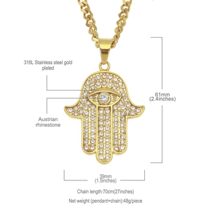 Hamsa Hand pendant necklace in 316L gold plated stainless steel with clear crystals