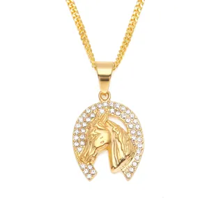 Hip Hop Men Stainless Steel Horse Pendant Necklace Gold Plated Horseshoe Animal Jewelry Rhinestone Iced Out Curb Chain Necklace