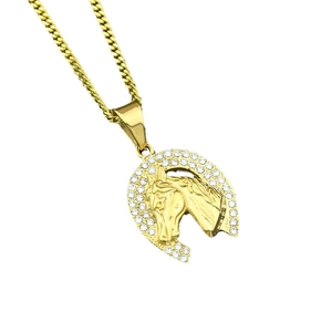 Iced out gold horse head horseshoe pendant with curb chain for hip hop street style