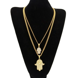 Men's hip hop gold Hamsa hand pendant necklace set with crystal diamonds and Cuban chain