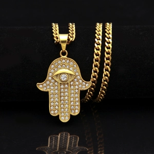 Gold Hamsa Hand pendant necklace for men with sparkling crystals on a Cuban chain