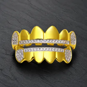 Hiphop Copper Cubic Zirconia Grillz Set 18K Gold Plated Iced Out Teeth Grills Top And Bottom For Men Women Party Jewelry