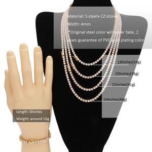 4mm gold stainless steel tennis chain with CZ stones on a black bust display