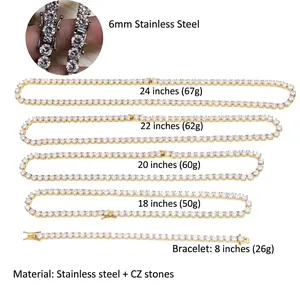 Ensemble chaîne et bracelet de tennis Hip Hop 6mm en acier inoxydable doré avec zircons