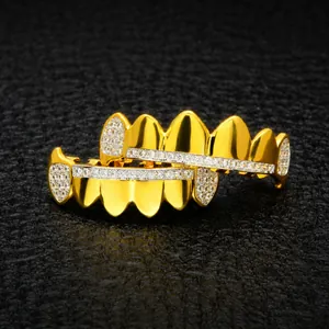 Men's hip hop gold plated grillz set with micro paved AAA zircon stones for teeth