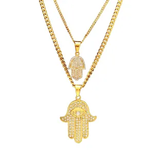Hip Hop Hamsa Hand Necklace Set Stainless Steel Rhinestone Evil Eye Pendant Double Layer Cuban Chain Gold Unisex Jewelry