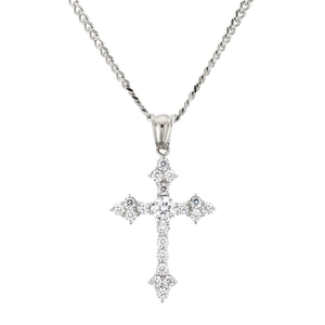 Dettaglio del ciondolo a croce in argento con zirconi AAA e catena a maglia barbazzale