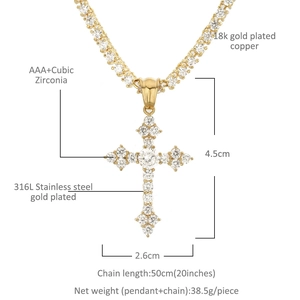 Collana da uomo con croce hip hop in acciaio inossidabile placcato oro 18K e zirconi
