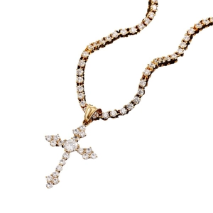 Collana con pendente a croce in acciaio inossidabile dorato con pietre in zirconia AAA hip hop