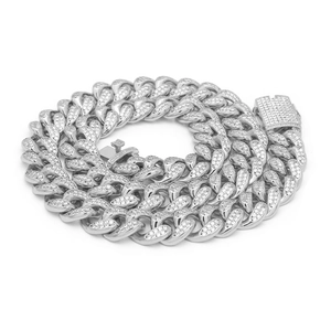 Close-up of 20mm hip hop Cuban link chain with micro-paved zircons and iced out clasp