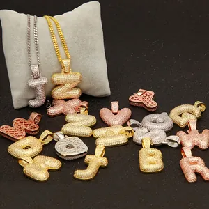 Collier Pendentif Alphabet Bulle Hip Hop Iced Out Zirconia pour Hommes Femmes Bijoux de Chaîne Cubaine Initiale en Cuivre Pavé