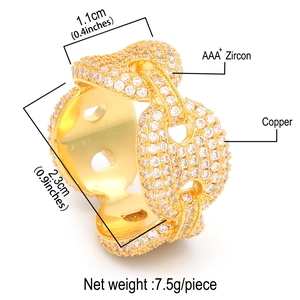 Hip hop coffee bean ring in gold finish with micro-pave AAA cubic zirconia stones