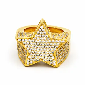 Bague Étoile Pentagramme Hip Hop Iced Out pour Hommes Cuivre Zirconia Bijoux de Mode Personnalisés Surdimensionnés Or Argent Or Rose