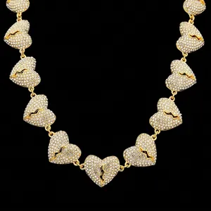 Hip Hop Iced Out Broken Heart Alloy Rhinestone Pendant Necklace Luxury Pave Heart Links Chain For Men Women Streetwear Jewelry