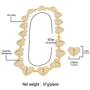 Hip hop style gold plated broken heart necklace featuring full Austrian rhinestones