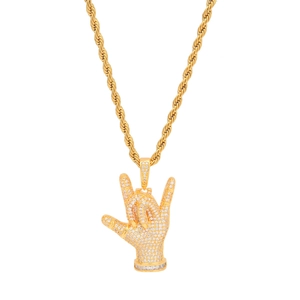Pendentif geste de la main glacé avec zircons micro-pavés sur chaîne en or