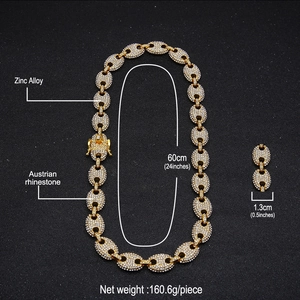 Hip hop coffee bean link necklace in gold finish with sparkling Austrian rhinestones