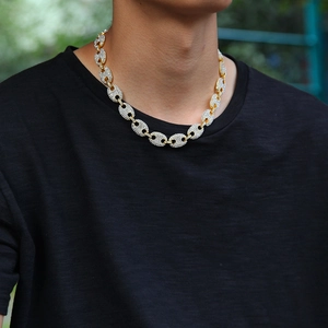 Hip hop coffee bean link necklace for men with full sparkling rhinestones on gold plating