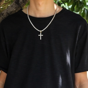 Men's hip hop gold iced out tennis chain with large crystal cross pendant necklace