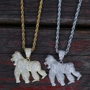 Pendentifs gorille hip-hop en or et argent avec zircone cubique et chaîne de corde