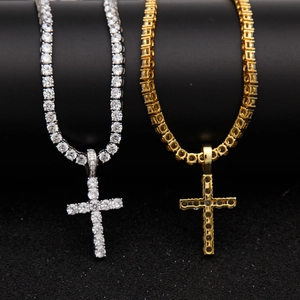 Men's hip hop iced out cross pendant with tennis chain in gold and silver set